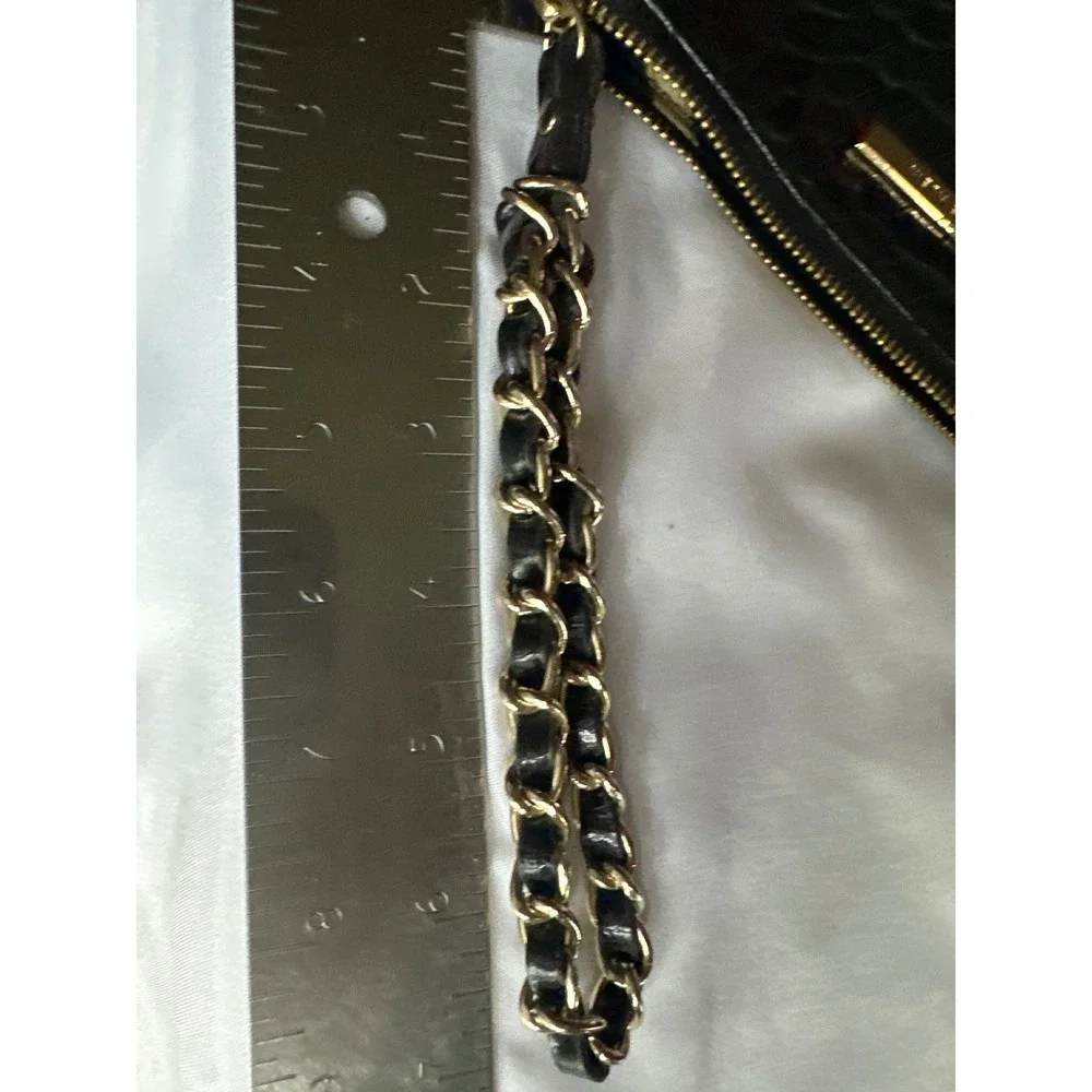 Anne Klein Black‎ Croc Embossed Wristlet Pouch Gold Tone Chain Strap Clutch